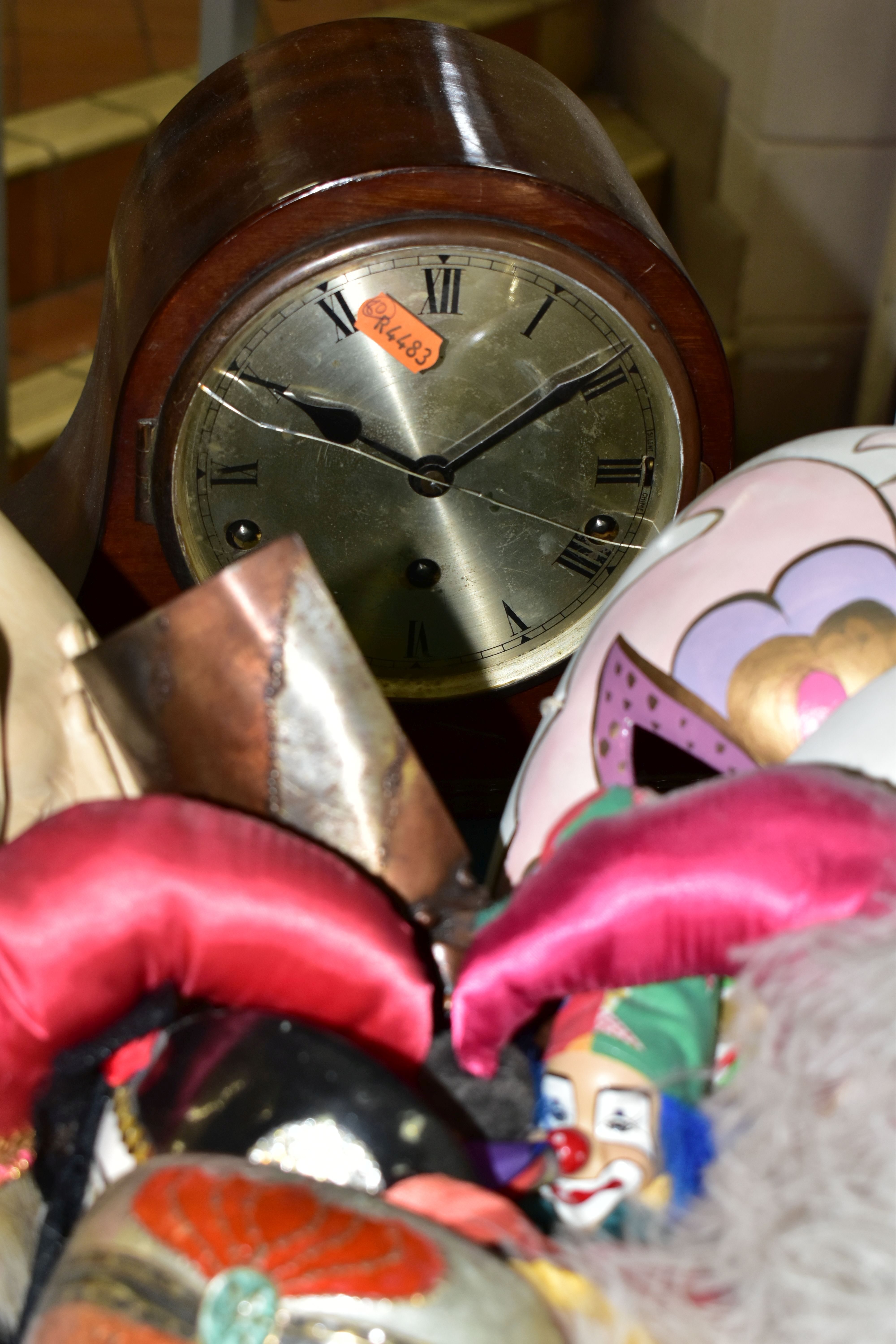 TWO BOXES AND LOOSE MANTEL CLOCK, DECORATIVE MASKS, DISPLAY CASE AND SUNDRY ITEMS, to include a - Image 3 of 5