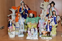 TEN CONTINENTAL PORCELAIN, VICTORIAN STAFFORDSHIRE POTTERY AND REPRODUCTION POTTERY FIGURES,