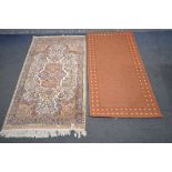 A 20TH CENTURY SILK EFFECT KASHAN PINK RUG, 154cm x 94cm, and another rug (2)