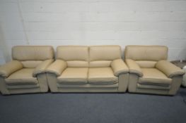 A CREAM LEATHER THREE PIECE LOUNGE SUITE, comprising a two seater settee, length 174cm x depth