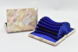 TWO MOTHER OF PEARL PURSES, the first of a rectangular form made up of a diamond cut mosaic mother