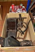 TWO BOXES OF METALWARE, to include a double mousetrap, tinder box, clamp, measuring device (