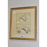 TWO LATE 19th / EARLY 20th CENTURY SEPIA PEN ON PAPER SKETCHES DEPICTING FOUR HANDS AND A SIDE