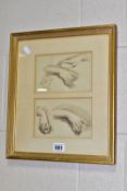 TWO LATE 19th / EARLY 20th CENTURY SEPIA PEN ON PAPER SKETCHES DEPICTING FOUR HANDS AND A SIDE