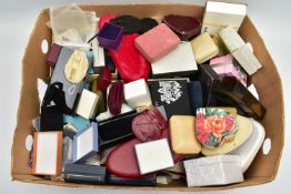 A BOX OF ASSORTED EMPTY JEWELLERY BOXES AND DISPLAY BUSTS, in used conditions, to include ring,