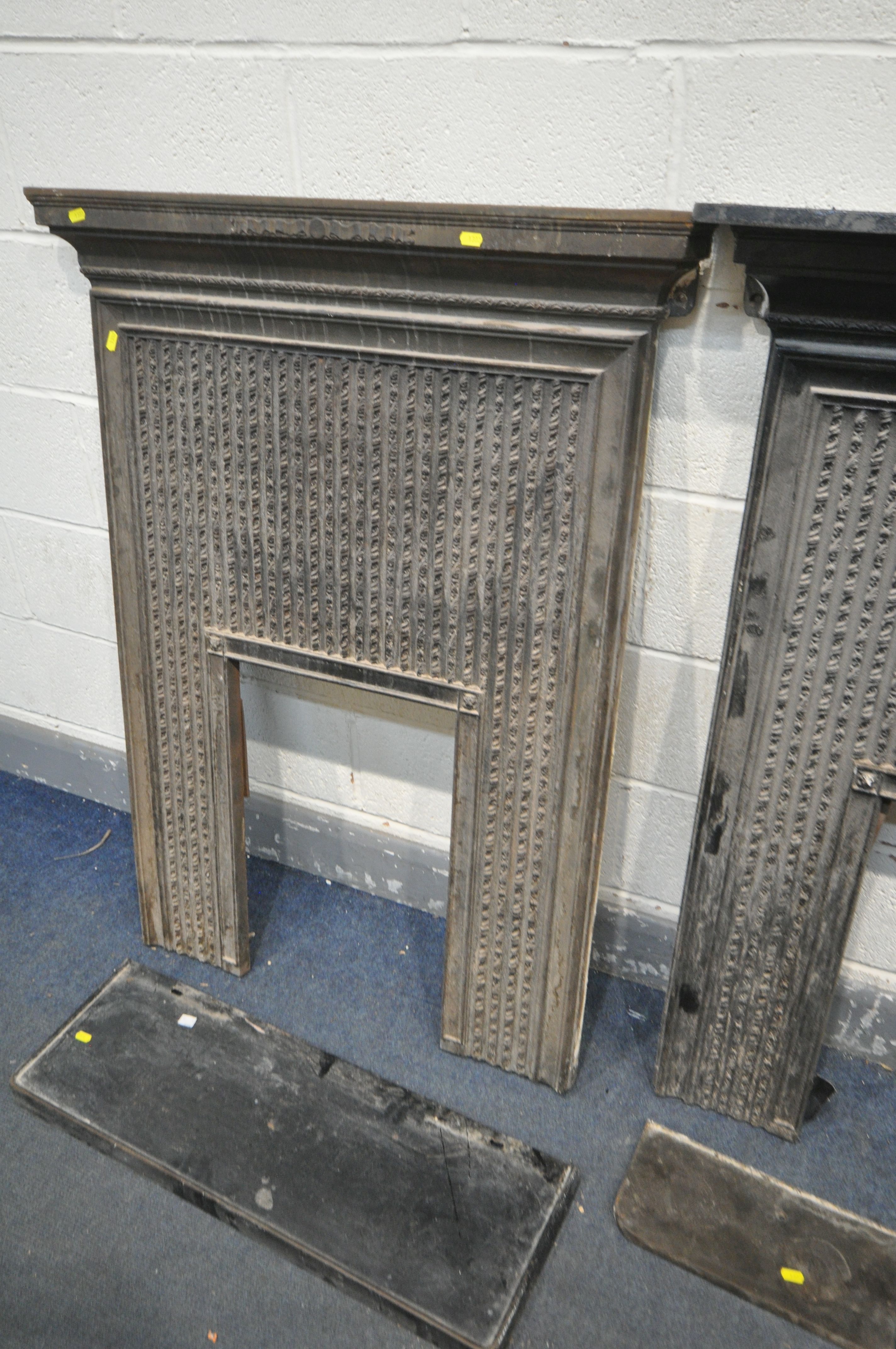 THREE CAST IRON FIRE SURROUNDS, two painted black, one painted white, width 91cm x depth 17cm x - Image 4 of 4