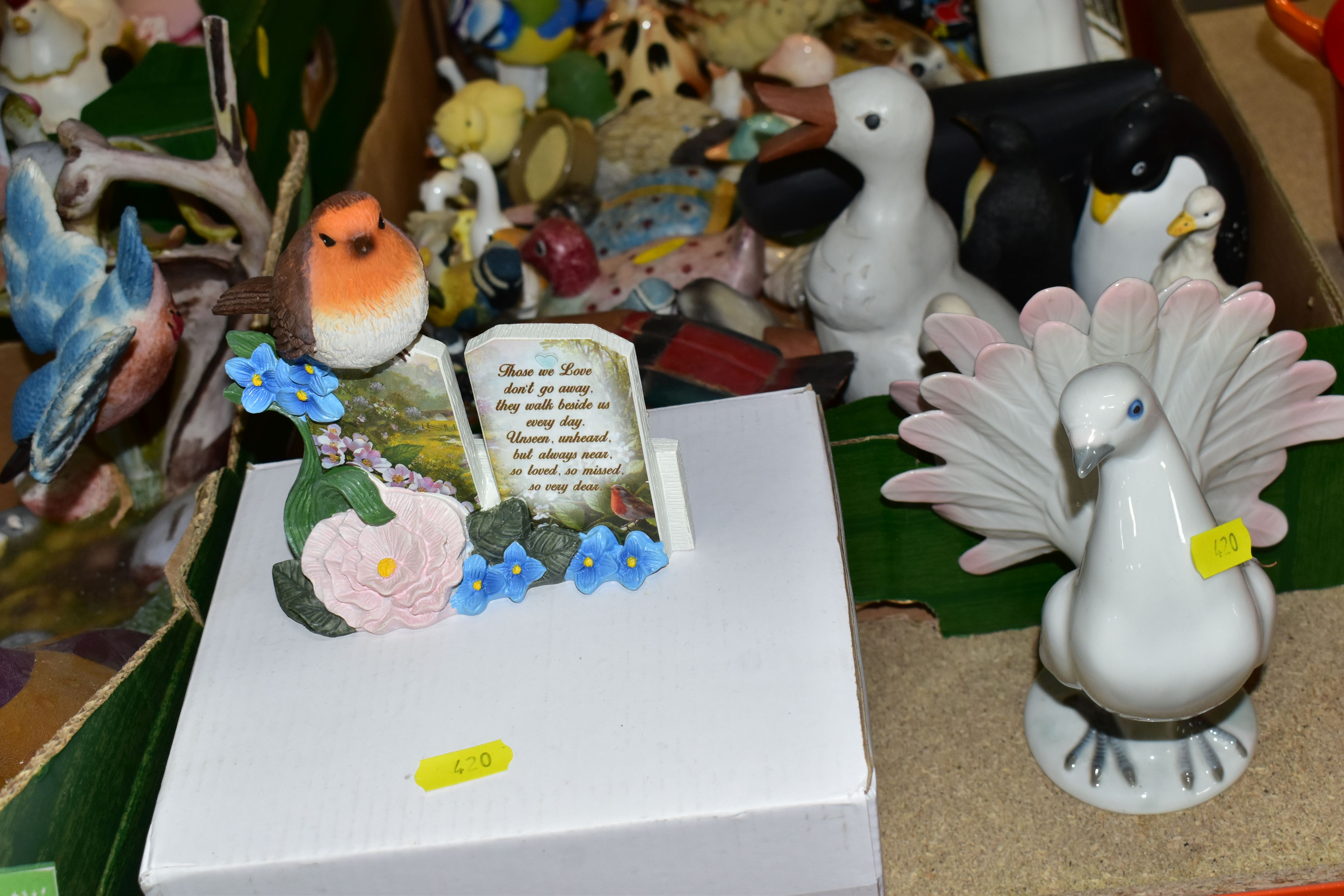 FIVE BOXES OF MISCELANEOUS ORNAMENTS AND FIGURINES OF BIRDS, to include a Sylvac swan back stamp - Image 2 of 7