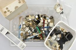 A BOX OF VINTAGE WATCH PARTS, DIALS AND CASES, to include names such as 'Sekonda, Smiths, Lorus,