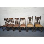 A PAIR OF CARVED OAK CHAIRS, along with a set of four chairs with drop in seat pads (condition:-once