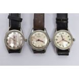 THREE VINTAGE HAND WOUND WRISTWATCHES ON STRAPS, to include a Favre-Leuba Sea-King, silver