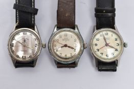 THREE VINTAGE HAND WOUND WRISTWATCHES ON STRAPS, to include a Favre-Leuba Sea-King, silver