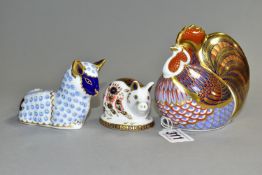 THREE ROYAL CROWN DERBY PAPERWEIGHTS, comprising Cockerel, Lamb and Piglet, all three with gold