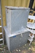 A GALVANISED STORAGE CHEST, the lid enclosing two divisions, width 83cm x depth 64cm x height