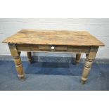 A VICTORIAN PINE KITCHEN TABLE, with a single frieze drawer, on turned legs, length 122cm x depth