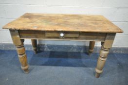 A VICTORIAN PINE KITCHEN TABLE, with a single frieze drawer, on turned legs, length 122cm x depth