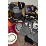 FIVE BOXES OF MEN'S HATS, TIES, BRACES, SCARVES, to include over ten trilbies mostly 'Urban Spirit',
