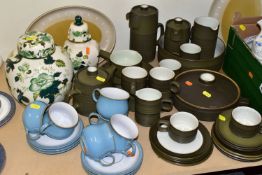 A QUANTITY OF DENBY TEAWARE, comprising Denby 'Chevron' pattern four mugs (one chipped), covered