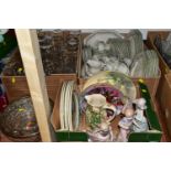 THREE BOXES OF GLASSWARE, LLADRO FIGURINES AND CERAMICS, to include four Lladro figurines, small