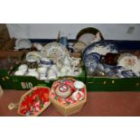 FIVE BOXES OF CERAMICS AND GLASSWARE, to include a Belleek sugar bowl (chipped & cracked), Royal