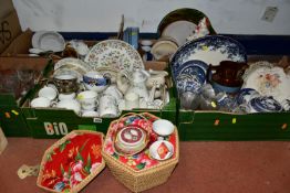 FIVE BOXES OF CERAMICS AND GLASSWARE, to include a Belleek sugar bowl (chipped & cracked), Royal