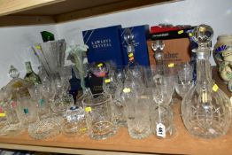 A QUANTITY OF CUT CRYSTAL AND GLASSWARE, comprising a Bohemia Crystal decanter and six wine glasses,