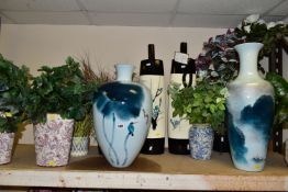 A GROUP OF LARGE ORNAMENTS, VASES AND ARTIFICIAL PLANTS, to include twelve modern vases and