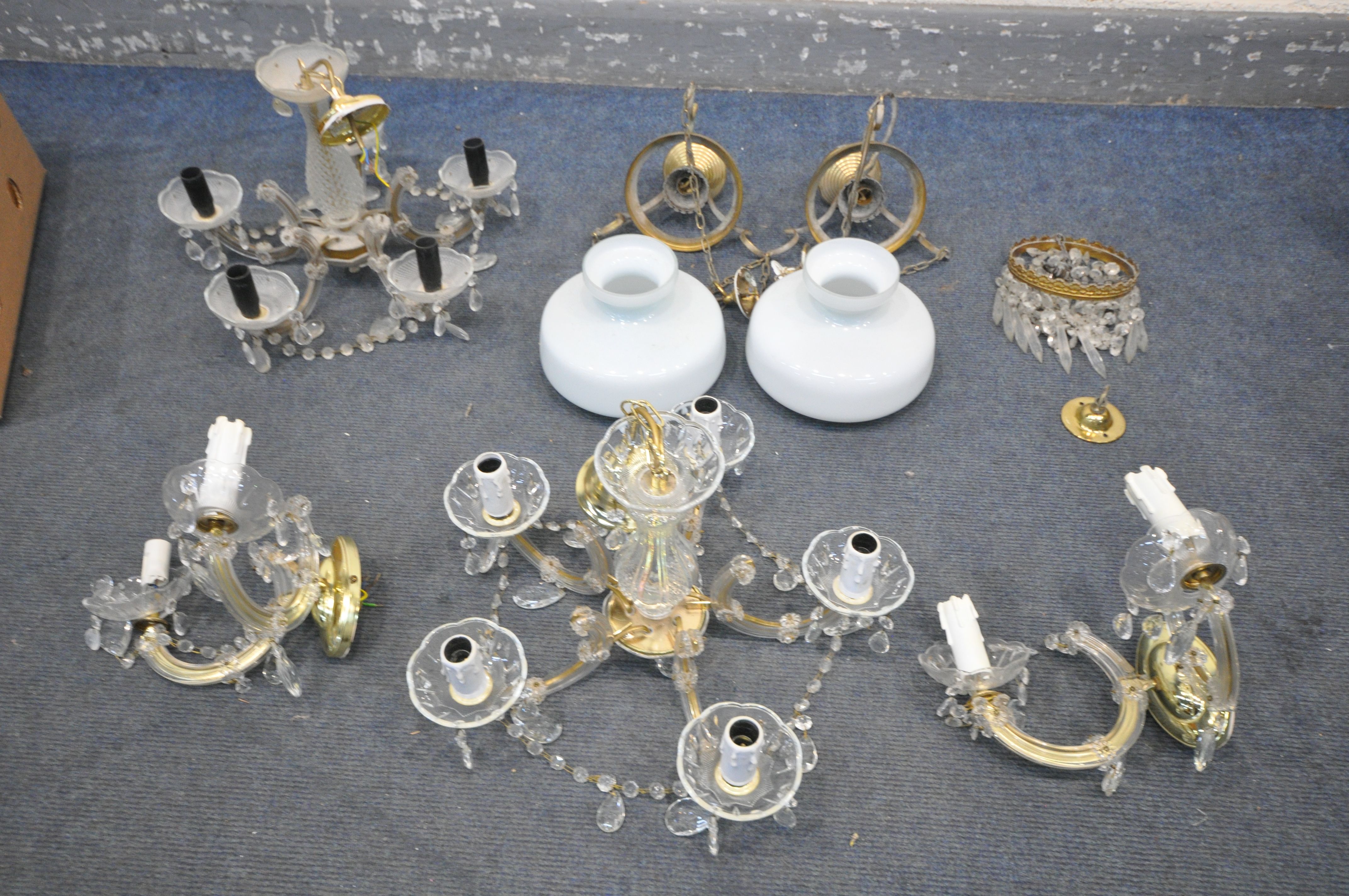 A SELECTION OF LIGHTING, to include a pair of brass ceiling lights with white shades, two