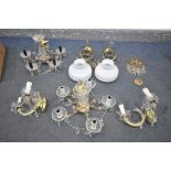 A SELECTION OF LIGHTING, to include a pair of brass ceiling lights with white shades, two