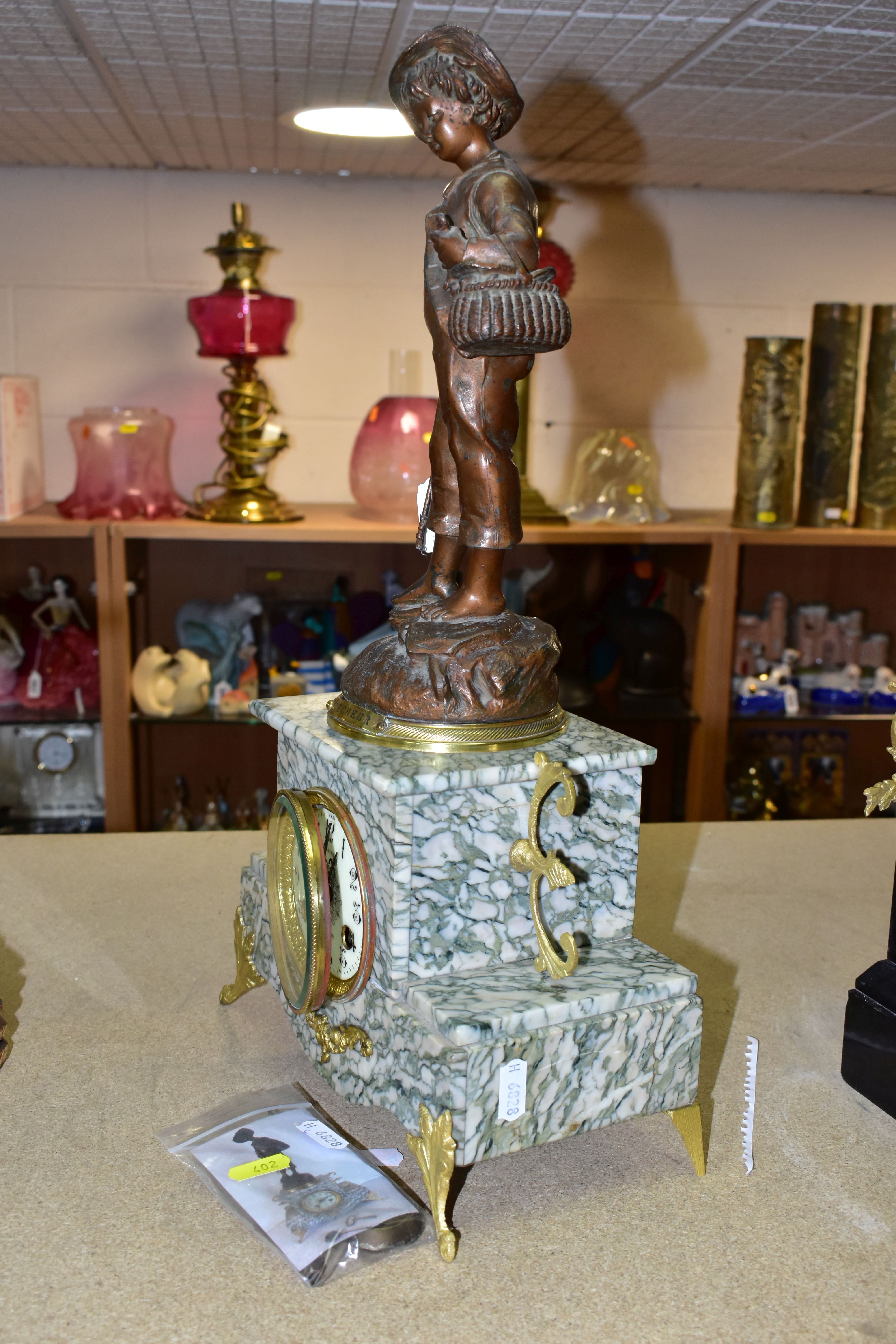 A LATE 19TH CENTURY GREY / GREEN VEINED MARBLE FIGURAL MANTEL CLOCK, surmounted with a fisherman - Image 4 of 6