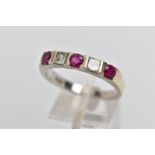 A 9CT WHITE GOLD RUBY AND DIAMOND RING, half eternity ring set with three circular cut rubies,