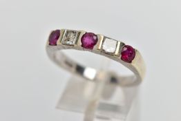 A 9CT WHITE GOLD RUBY AND DIAMOND RING, half eternity ring set with three circular cut rubies,