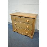 A SATINWOOD CHEST OF THREE LONG DRAWERS, width 89cm x depth 49cm x height 77cm (condition:-water