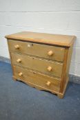 A SATINWOOD CHEST OF THREE LONG DRAWERS, width 89cm x depth 49cm x height 77cm (condition:-water