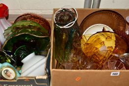 TWO BOXES OF ASSORTED 19TH AND 20TH CENTURY COLOURED AND CLEAR GLASSWARE, including a quantity of