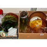 TWO BOXES OF ASSORTED 19TH AND 20TH CENTURY COLOURED AND CLEAR GLASSWARE, including a quantity of