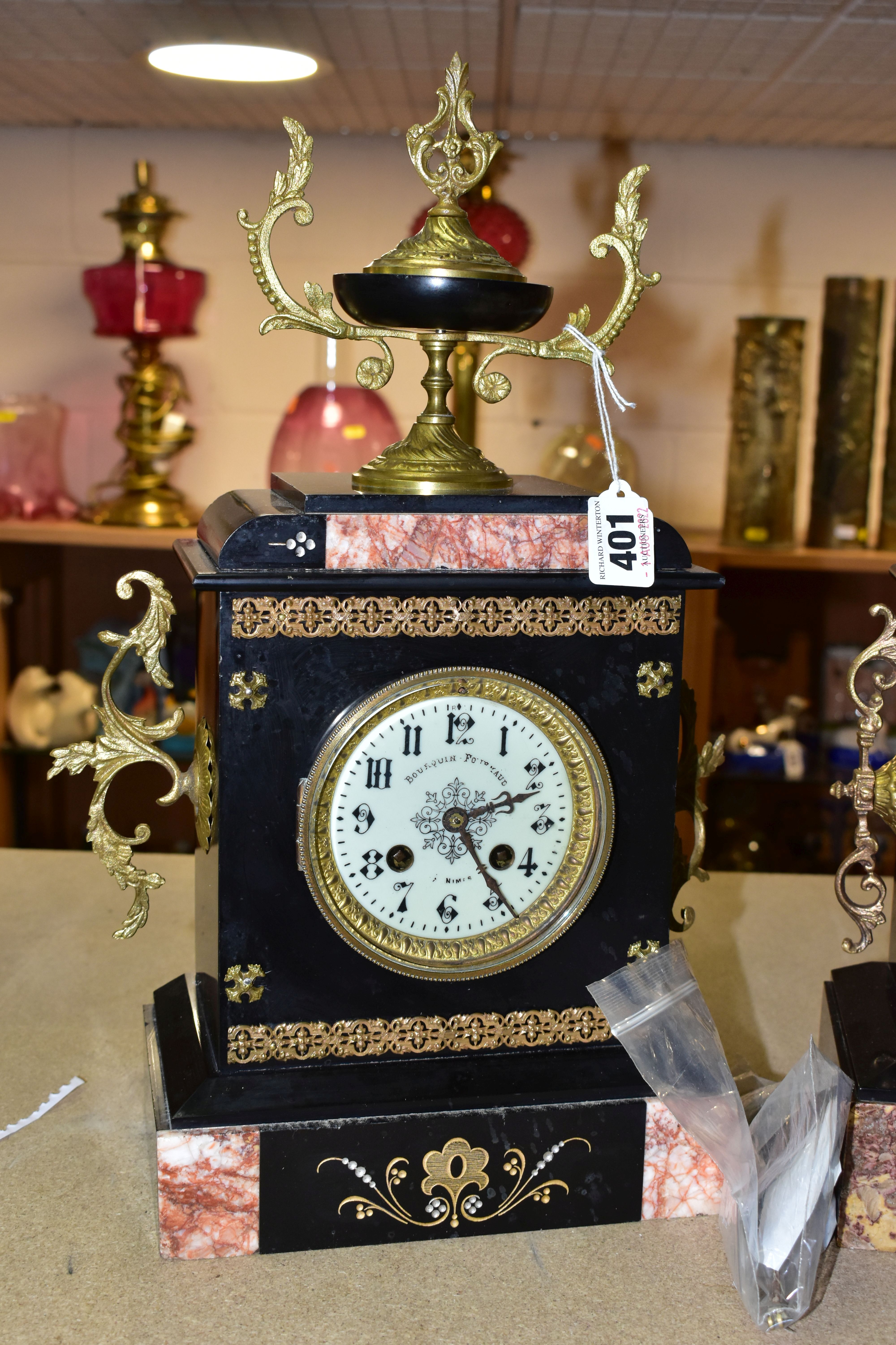 TWO LATE 19TH CENTURY BLACK SLATE MANTEL CLOCKS, both with enamel dials, Arabic numerals, 8 day - Image 3 of 7