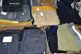 FIVE BOXES OF MENS FASHION JEANS, CARGO PANTS, CHINOS AND JOGGING BOTTOMS, brands include Luke,