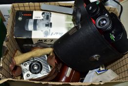 A BOX OF PHOTOGRAPHIC EQUIPMENT ETC, comprising a Boxed Pentax MZ-7 35mm film SLR camera with a
