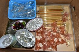 A BOX OF ASSORTED COLOURED AND CLEAR GLASS LUSTRES AND DROPPERS, including pink flower shaped