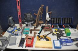 TWO BOXES OF TOOLS AND ACCESSORIES, to include an antique drill press, two scalpel sets, solder