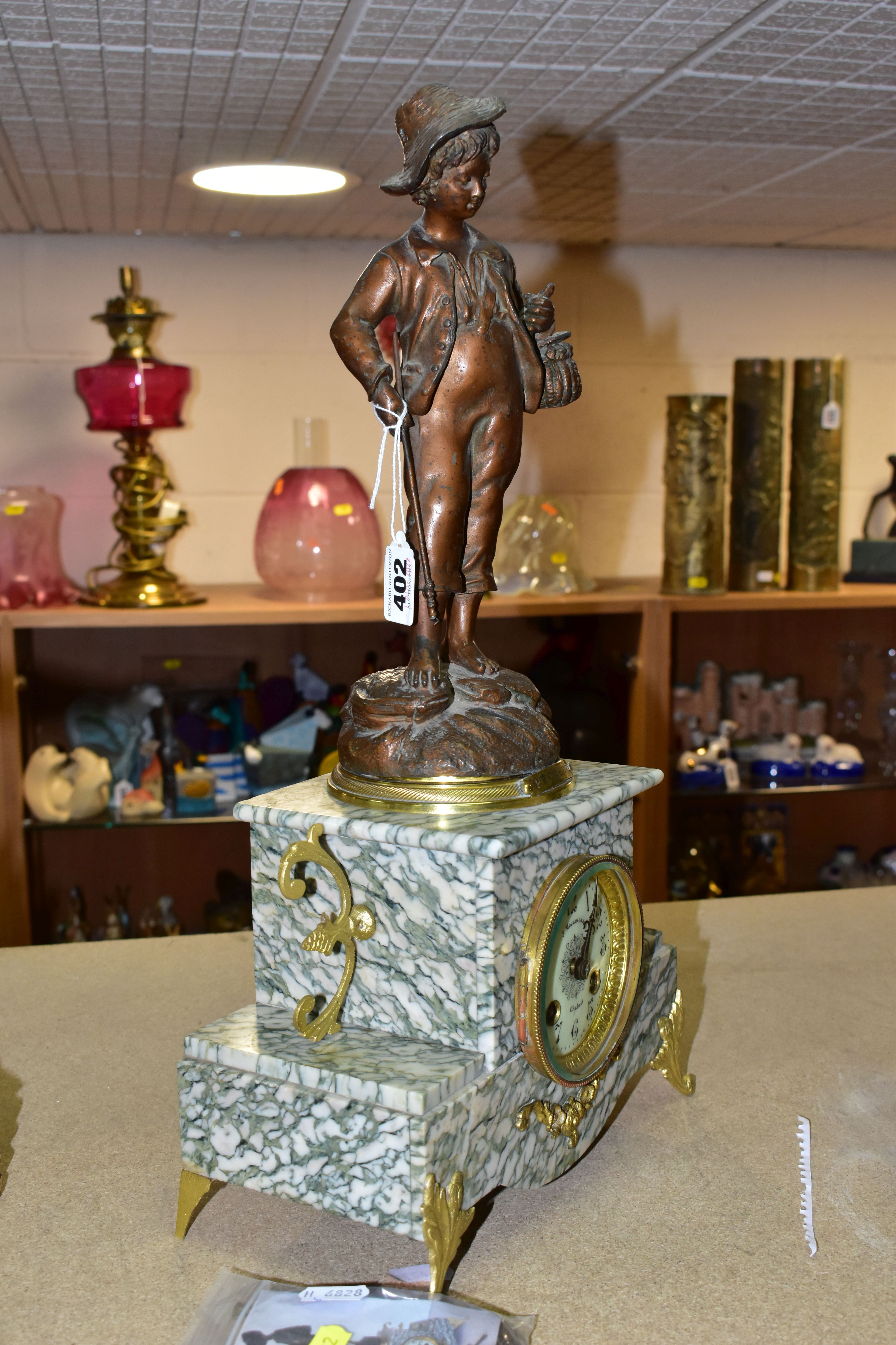 A LATE 19TH CENTURY GREY / GREEN VEINED MARBLE FIGURAL MANTEL CLOCK, surmounted with a fisherman - Image 3 of 6