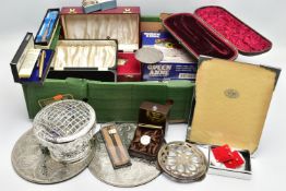 BOX OF SILVER AND ASSORTED ITEMS, to include a boxed silver napkin ring, oval form with an engine