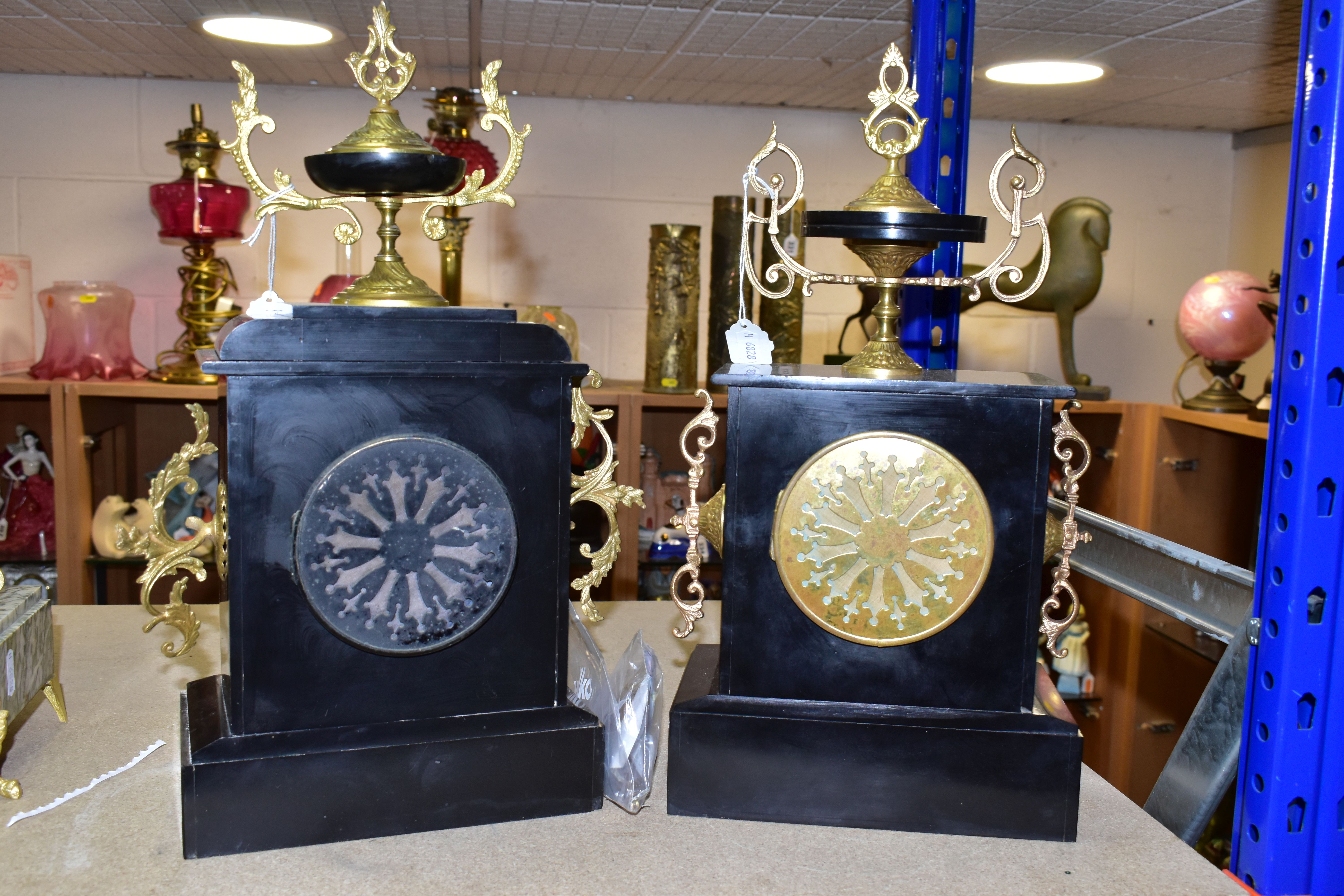 TWO LATE 19TH CENTURY BLACK SLATE MANTEL CLOCKS, both with enamel dials, Arabic numerals, 8 day - Image 4 of 7