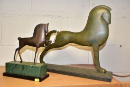 AN ARTFORM BRONZED RESIN SCULPTURE OF A HORSE ON PLINTH, height 38cm and a reproduction bronzed