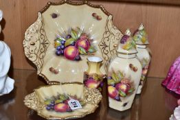 FIVE PIECES OF AYNSLEY FRUIT PATTERN, comprising two shaped rectangular twin handled dishes,