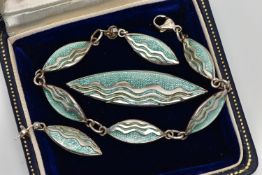 A SUITE OF SILVER ENAMEL JEWELLERY, comprised of a pendant, bracelet and pair of drop earrings, a