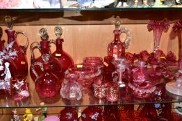 A QUANTITY OF 19TH AND 20TH CENTURY CRANBERRY GLASS, including a near pair of single trumpet two