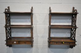 A PAIR OF HARDWOOD WALL MOUNTED SHELVES, with two drawers, width 54cm x depth 20cm x height 91cm (