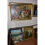 A QUANTITY OF PRINTS AND NEEDLEWORK PICTURES ETC, to include 'The Peasant Wedding' by Pieter Bruegel
