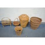 A SELECTION OF WICKER ITEMS, to include a tapered linen basket, an Alibaba linen basket, a picnic